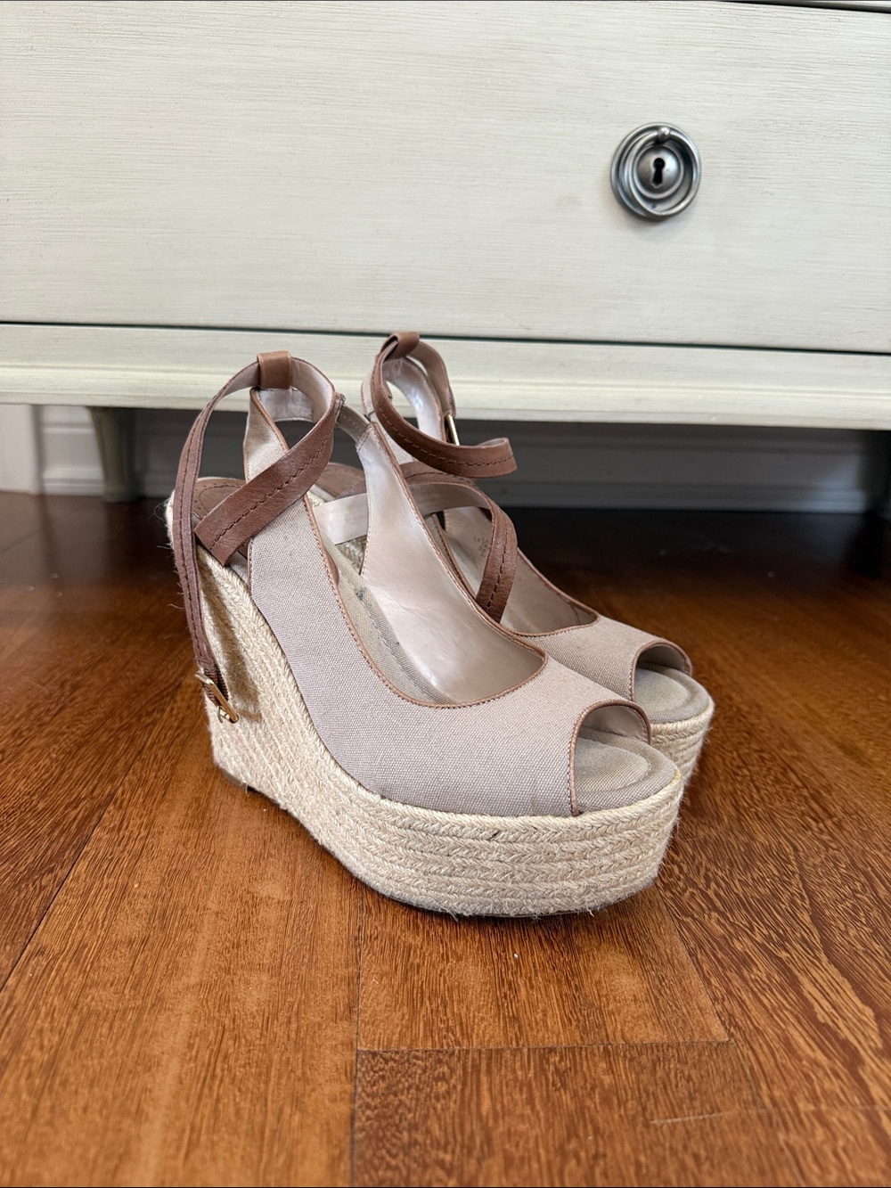 Wedge Espadrille Sandals in Taupe with Ankle Tie
